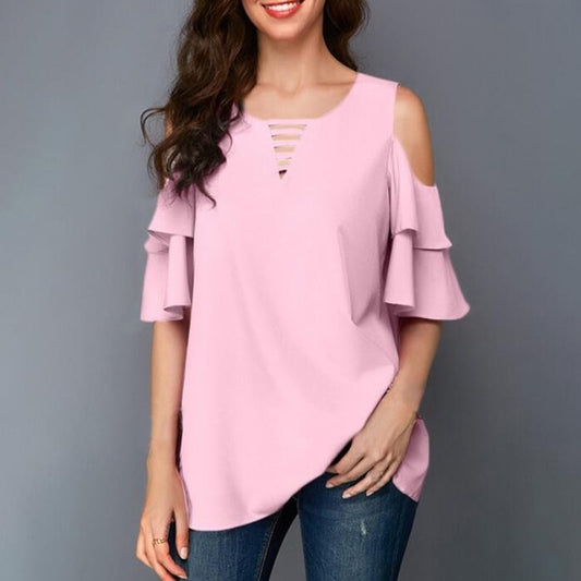 Women Shirt Chiffon Blouse Female V-Neck Tops