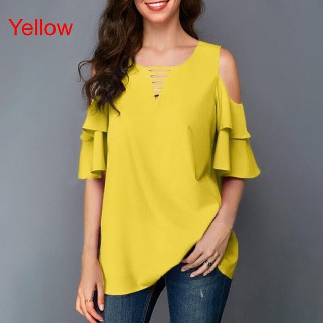 Women Shirt Chiffon Blouse Female V-Neck Tops