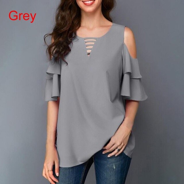 Women Shirt Chiffon Blouse Female V-Neck Tops