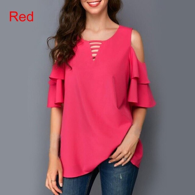 Women Shirt Chiffon Blouse Female V-Neck Tops