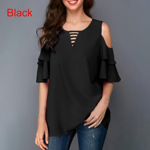 Women Shirt Chiffon Blouse Female V-Neck Tops