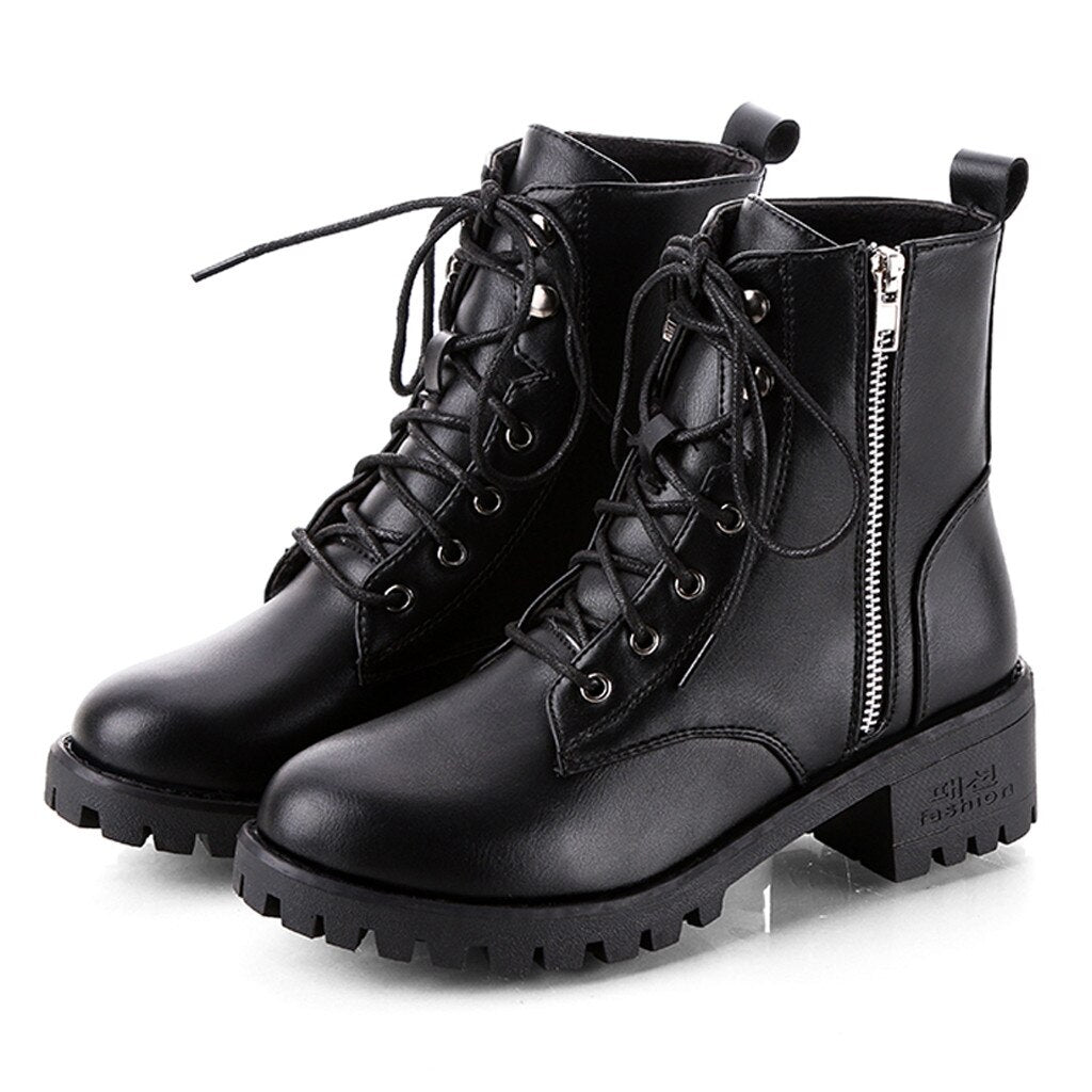 Winter Ankle Boots Pu Leather  Work Shoes Round Toe Lace-Up