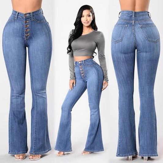 Woman Blue Flare Pants Fashion High Waist Jeans Full Length