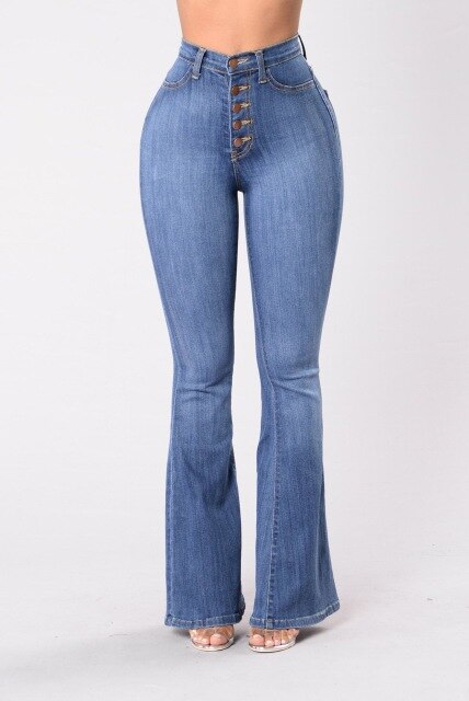 Woman Blue Flare Pants Fashion High Waist Jeans Full Length