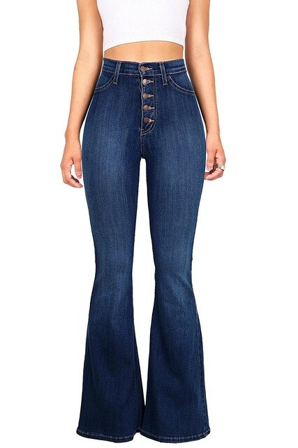 Woman Blue Flare Pants Fashion High Waist Jeans Full Length