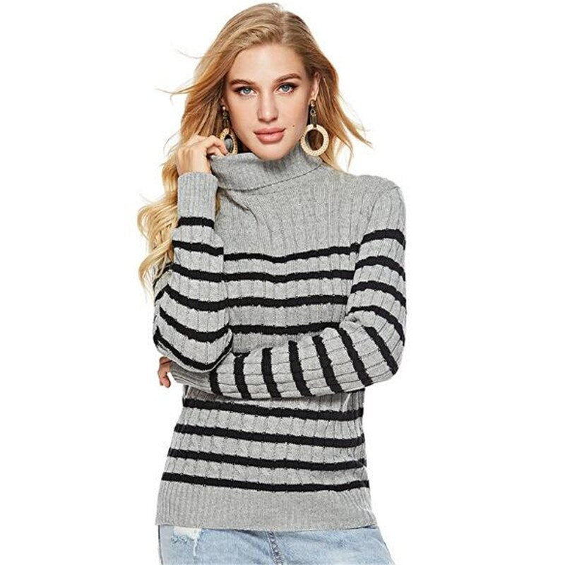 Women Striped Printed Sexy Turtleneck Slim Pullovers