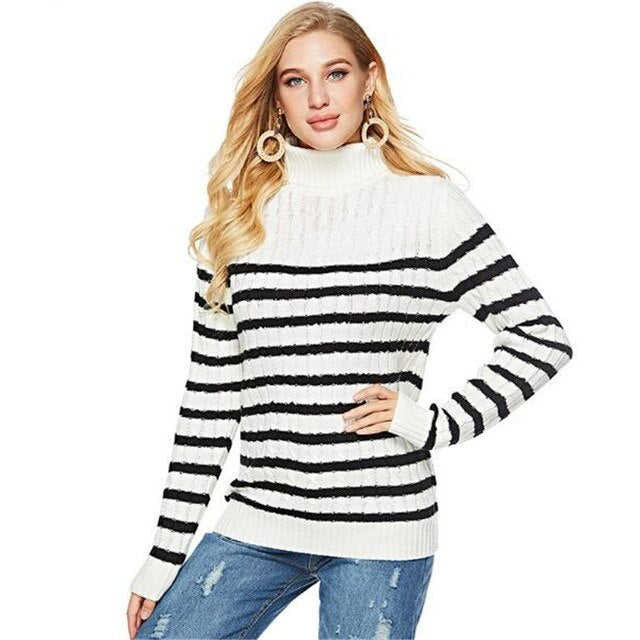 Women Striped Printed Sexy Turtleneck Slim Pullovers