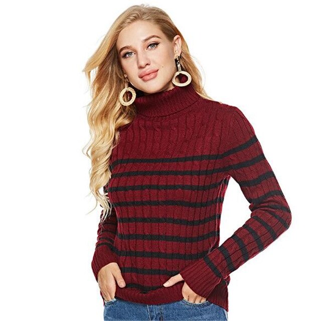 Women Striped Printed Sexy Turtleneck Slim Pullovers