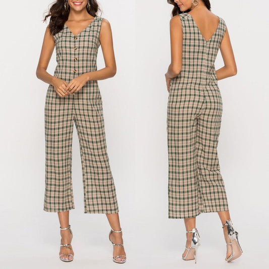 Women's v-neck  wide leg plaid jumpsuit sleeveless