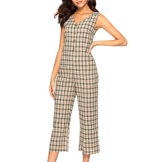 Women's v-neck  wide leg plaid jumpsuit sleeveless