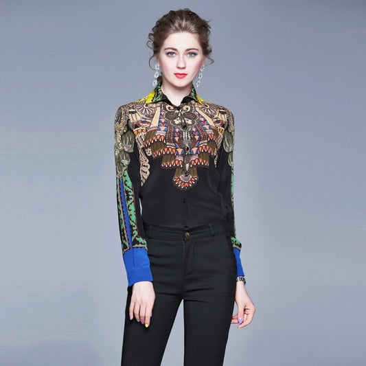 Retro Lapel Shirt Print Slim Long Sleeve Shirt Slim Long-sleeved Bottoming Shirt Mesh T-shirt