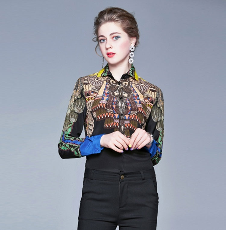 Retro Lapel Shirt Print Slim Long Sleeve Shirt Slim Long-sleeved Bottoming Shirt Mesh T-shirt