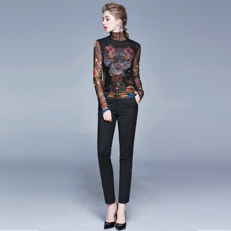 Retro Ladies top Printed Stretch Slim Long-sleeved Bottoming Shirt Mesh T-shirt