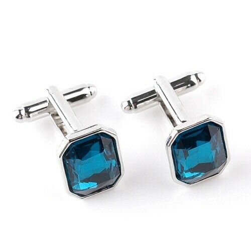 Sapphire Blue Stone Jewel Silver Square Cufflinks Formal Suit UK